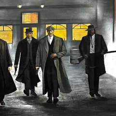 Another detailed shot from the mural, focusing on the figures on the right. The lighting from the windows and the texture of the street were important elements in building the scene's atmosphere.
