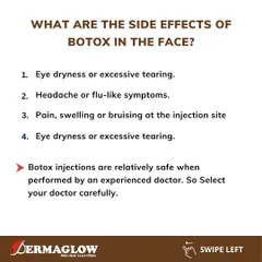 Transparency is key to building trust. This informational slide outlines potential side effects of Botox, such as temporary bruising or swelling. Choosing an experienced doctor is the most important step to ensure a safe procedure.