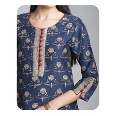 A close-up of a round neckline with a contrasting silver and red placket, finished with small potli buttons. I can add similar custom plackets to any kurti to match your dupatta or bottoms.