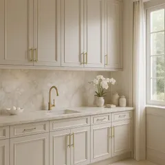 With its classic paneled cabinetry, brushed gold hardware, and creamy marble surfaces, this neoclassical kitchen tells a quiet story of refinement. It’s a peaceful rhythm between tradition and modern simplicity.