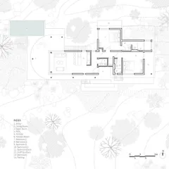 The architectural floor plan for Pavilion House. This drawing illustrates the clear division between the public living wing and the private bedroom wing, and how each space connects to the outdoor decks and pool.