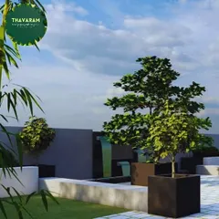 Another view from our 3D design visualization, this time showing a water feature and a large feature tree in a contemporary planter, illustrating the complete concept before implementation.