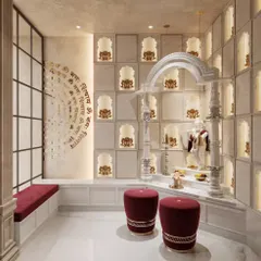 We create visualizations for sacred spaces with the respect and detail they deserve. This render of a modern home prayer room (mandir) focuses on the serene marble, intricate niches, and peaceful lighting.