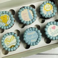 This is another one of my Father's Day designs, featuring a softer blue and yellow color palette. The edible toppers include messages like "No. 1 Dad" and "Best Dad Ever," offering a different style to celebrate your father.