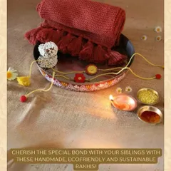 Cherish the special bond with your siblings with these handmade, eco-friendly, and sustainable Rakhis, beautifully arranged with a diya and traditional thali items.