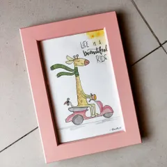 A quirky and fun watercolor painting of a giraffe riding a scooter. This piece is a reminder that "Life is a beautiful ride," and it's perfect for adding a touch of humor and joy to any space.