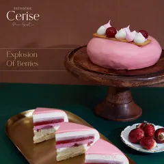 This is a berry-licious adventure for your taste buds. My Explosion of Berries entremet is layered with Lychee coulis, Strawberry coulis, Raspberry cremeux, Vanilla mousse, and an Almond sponge.