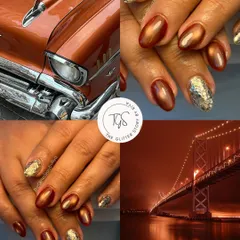 This is how a nail set comes to life. This collage shows the inspiration, from a vintage car to a sunset, that led to this beautiful copper cat-eye and glitter manicure.