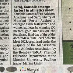 A snippet from a newspaper article recognizing Kaushik Kamat of Pro Athletes Academy as one of the fastest athletes at the meet.