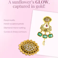 A sunflower’s glow, captured in gold. Our sunflower-inspired earrings and rings feature hand-sculpted petals and diamond micro-setting in 22kt matte gold.