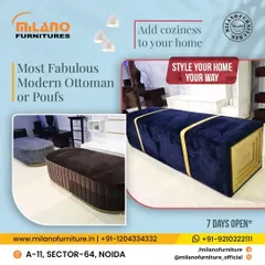 This image shows our modern and fabulous ottomans and poufs. The blue velvet bench with gold accents is a great way to add extra seating and a touch of luxury.
