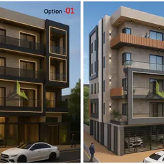 We always provide clients with choices. Here are two distinct elevation options for the same building: one with bold, dark frames for a dramatic look, and another with lighter tones and wood accents for a warmer feel.