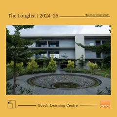 The central courtyard of the Bosch Learning Campus, featuring a stepped water body that acts as a natural cooling element. This design choice reflects our commitment to sustainable and eco-sensitive architecture.