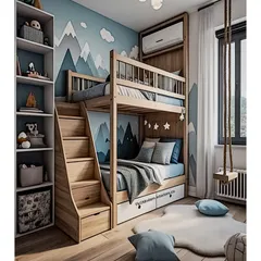 This mountain-themed bunk bed is perfect for little adventurers. The staircase has built-in drawers for extra storage, and the under-bed space is great for tucking away toys. It’s a cozy and practical design for any child's bedroom.