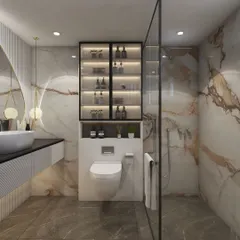 A spacious and serene bathroom with a cream and brown marble theme. The walk-in shower with a glass partition, the floating vanity, and the built-in storage cabinet above the toilet are all features of a modern luxury bathroom.