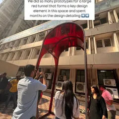 Behind the scenes of our team inspecting the prototype for the red entrance tunnel for Koko Hyderabad. Every big idea starts with detailed planning, sampling, and testing to get it just right.