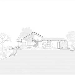 A sectional perspective drawing of Ranch House, a weekend cabin in Nashik. Architectural drawings like this are crucial for communicating the design intent, showing the relationship between different levels and the flow of space.