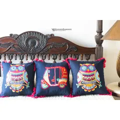 A styled shot for the home decor brand Ekasmaye. I arranged these quirky, bohemian cushions to highlight their vibrant embroidery and unique designs against a classic wooden headboard, showing how they can liven up a space.