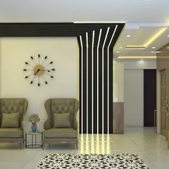 This luxurious living area features striking black vertical slats with integrated LED lighting, creating a dramatic focal point. The space is furnished with classic wingback chairs and a modern TV console.