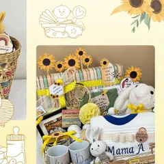 A collage showing the beautiful sunflower-themed hamper I created. It included personalized 'Mama A' and 'Dada' mugs and other thoughtful goodies.