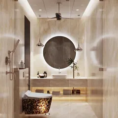 A modern toilet design featuring a unique illuminated gemstone-style commode. The circular backlit mirror and warm, full-height marble walls create a serene and luxurious ambiance.
