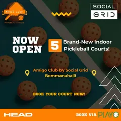 This graphic announces the opening of my new indoor pickleball facility in Bommanahalli. It clearly states that there are five brand new courts available for booking, making it easy for players in the area to find a top-quality place to play.