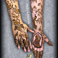A beautiful combination of modern and traditional. One hand features a delicate floral vine, while the other has a personalized portrait, showing how we can mix styles to create your perfect design.