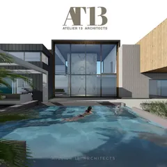 We design luxury farmhouses where the architecture and landscape are one. This concept shows a residence with a central glass atrium and a large swimming pool that becomes the focal point of the home, reflecting the sky and the structure's clean, modern lines.