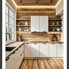 This design blends rustic charm with modern functionality. The warm wood-paneled walls and matching countertops create a cozy atmosphere, while the handleless white cabinets and open shelving provide ample, stylish storage. Under-cabinet LED lighting ensures the workspace is always well-lit.