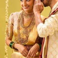A candid, happy moment from the C. Krishniah Chetty wedding campaign, designed to evoke joy and intimacy.