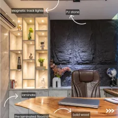 This annotated view of an office we designed breaks down the material choices, from a solid wood desk and PU stone wall to magnetic track lights, showing our thoughtful approach to material selection.