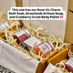 This hamper configuration features our Rose-tic Charm Bath Soak, Grasslands Artisan Soap, and Cranberry Crush Body Polish. We work with you to select the perfect combination of products for your gift.