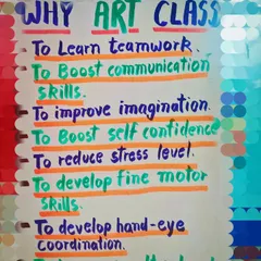 My classes are designed to be more than just fun; they help children grow. This chart outlines the key benefits of learning art, from developing fine motor skills and hand-eye coordination to boosting self-confidence and teamwork.