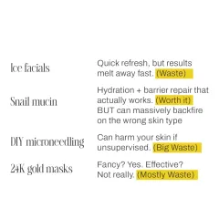 This list debunks the hype around certain skincare trends. While some ingredients like snail mucin can be beneficial, others like DIY microneedling are a waste of money and potentially harmful.