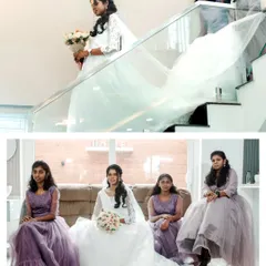 A collage showing the bride's elegant entrance down the stairs and a portrait with her bridesmaids.