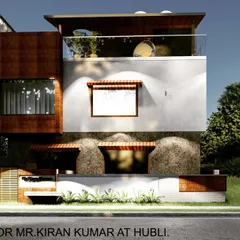 This proposed elevation for a residence in Hubli overlooks the Tolankere Lake. The design is a mix of contemporary structure with traditional touches like sloping roofs and natural stone cladding on the facade.