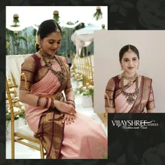 Our beautiful bride Nesara Gowda chose this classic pink and maroon Kanjivaram for her engagement ceremony. The traditional border and rich silk create a look of timeless elegance.