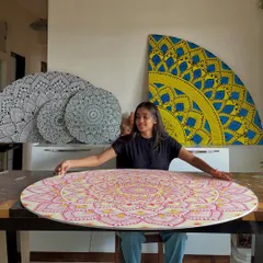 A look at the variety of custom mandala art I create. From large quarter-mandalas to colorful circular pieces, I can design artwork to fit any space and style.