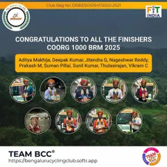 Celebrating our finishers of the Coorg 1000 BRM. We are especially proud of our maiden 1000km finishers, Vikram, Suman, and Jitendra. It's a massive milestone, and we're here to cheer them on.