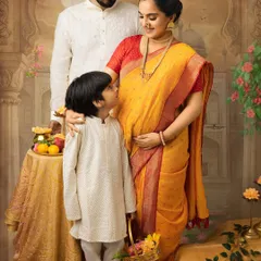 A heartwarming family moment captured in our signature painterly style. The older sibling looks up at his mother with love, creating a precious memory before the new baby arrives.