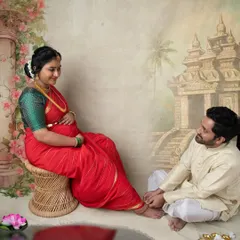 A beautiful portrait of a couple during their traditional saree maternity session. The husband's loving gaze adds such a warm, personal touch to this artistic, painting-style photograph.