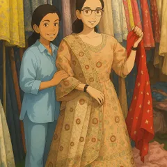 A fun, anime-inspired illustration of a shopping session with one of my wonderful clients. Finding the perfect outfit is always a joyful adventure.