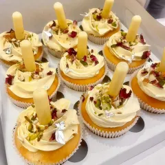 Now you can eat your thandai too! Our Thandai Cupcakes are topped with a creamy, spiced frosting, garnished with nuts and rose petals, and feature a pipette of thandai milk for an extra flavour boost.