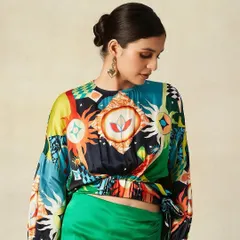 A close-up of the makeup for this colorful, artistic blouse. I kept the makeup minimal and fresh to balance the vibrant patterns of the outfit.
