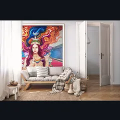 I love seeing my art transform a space. Here, my large-scale painting "Devi" becomes the soul of this room, bringing vibrant color and powerful feminine energy into the home. A custom piece should feel like it truly belongs in your world.