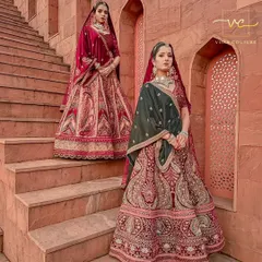 A side-by-side look at two different styles of royal bridal lehengas. Notice the unique embroidery patterns and color combinations that make each piece special.