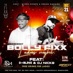 Mid-week Bollywood nights are a big deal in Bengaluru. This flyer for a Bolly Fixx ladies' night shows my residency at a popular Koramangala bar, promising a mid-week party that feels like a weekend.