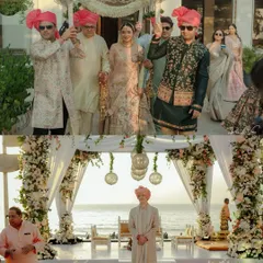 A collage capturing the essence of a Juhu beach wedding. The top shows the bride's grand entrance, and the bottom shows the groom waiting at the beautifully decorated seaside mandap.