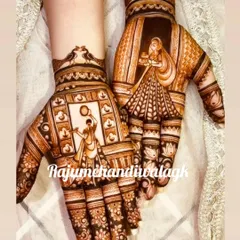 A classic Karwa Chauth design that is always in demand. On one hand, the wife is looking at the moon through a channi, and on the other, she is with her husband. This design captures the heart of the festival.