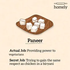 The actual job of Paneer is to be the vegetarian's powerhouse. Its secret job? To one day get the same respect as chicken in a biryani. A noble, if difficult, quest.